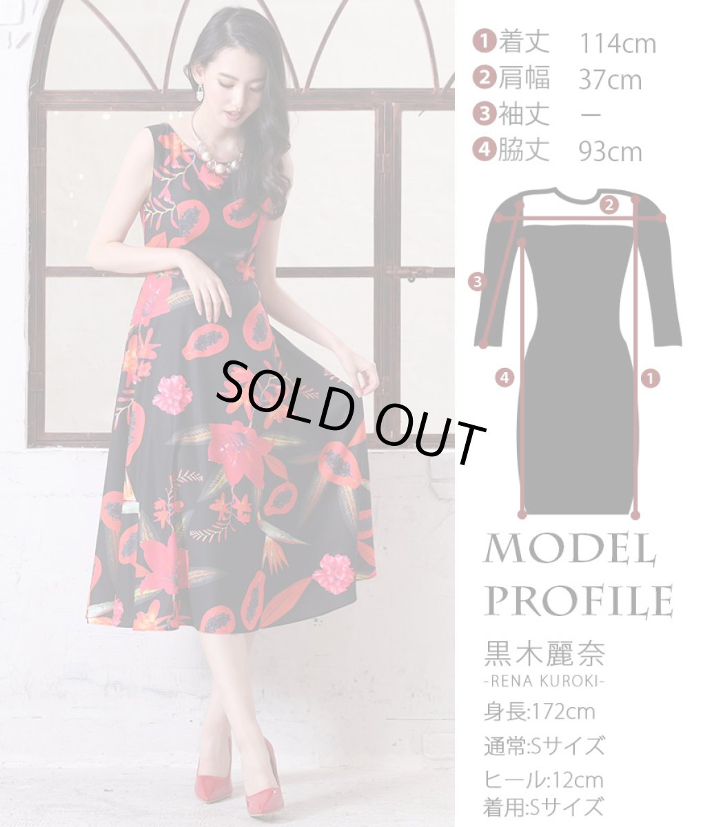 画像5: [ERUKEI]ブラック・プリント・フルーツ柄・Aライン・ノースリーブ・ミディアムワンピース・ドレス[黒木麗奈着用][送料無料] (5)