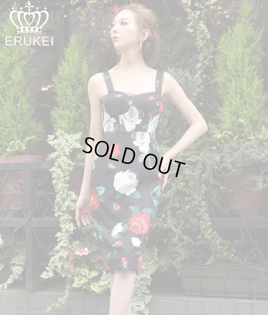 画像1: [SALE品のため返品不可＆再入荷なしの現品限り][ERUKEI]ブラックベース・ローズ柄・花柄・コルセット風・ノースリーブ・タイト・ミ二ドレス・ワンピース[山崎みどり着用][送料無料]my (1)