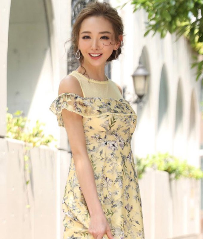 ERUKEI]オープンショルダー・イエロー系花柄・レース・Aライン・半袖