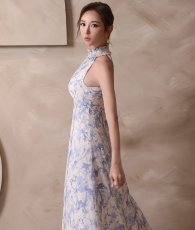 画像4: [ XS-Lサイズ / 1カラー][ERUKEI]ホルターネック・ハイネックフリル・花柄・Aライン・ロングドレス・ワンピース[山崎みどり着用][送料無料] mywhlu (4)