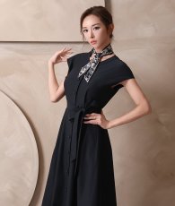 画像3: [ XS-Lサイズ / 1カラー][ERUKEI]シンプル・フレンチスリーブ・スカーフ・ポケット・Aライン・フレア・ミディアムドレス・ワンピース[山崎みどり着用][送料無料]mybk (3)