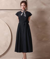 画像4: [ XS-Lサイズ / 1カラー][ERUKEI]シンプル・フレンチスリーブ・スカーフ・ポケット・Aライン・フレア・ミディアムドレス・ワンピース[山崎みどり着用][送料無料]mybk (4)