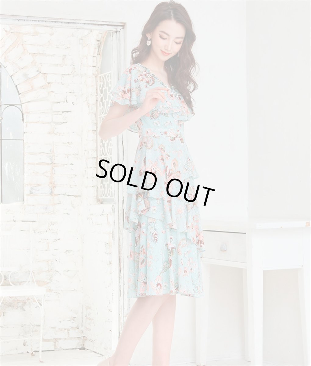 画像2: [ERUKEI]ライトブルーグリーン・花柄・シフォン・ティアードフリル・半袖・Aライン・膝丈・ミディアムドレス・ワンピース[黒木麗奈着用]《送料＆代引き手数料無料》 (2)