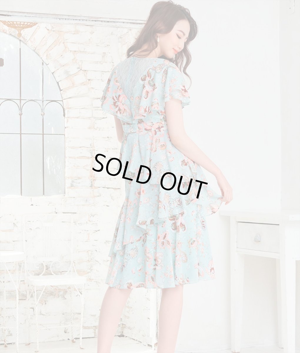 画像3: [ERUKEI]ライトブルーグリーン・花柄・シフォン・ティアードフリル・半袖・Aライン・膝丈・ミディアムドレス・ワンピース[黒木麗奈着用]《送料＆代引き手数料無料》 (3)