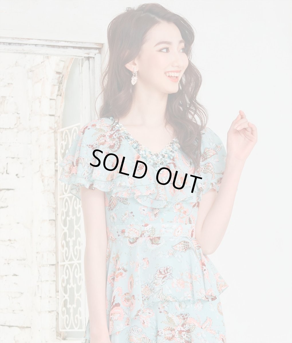 画像4: [ERUKEI]ライトブルーグリーン・花柄・シフォン・ティアードフリル・半袖・Aライン・膝丈・ミディアムドレス・ワンピース[黒木麗奈着用]《送料＆代引き手数料無料》 (4)