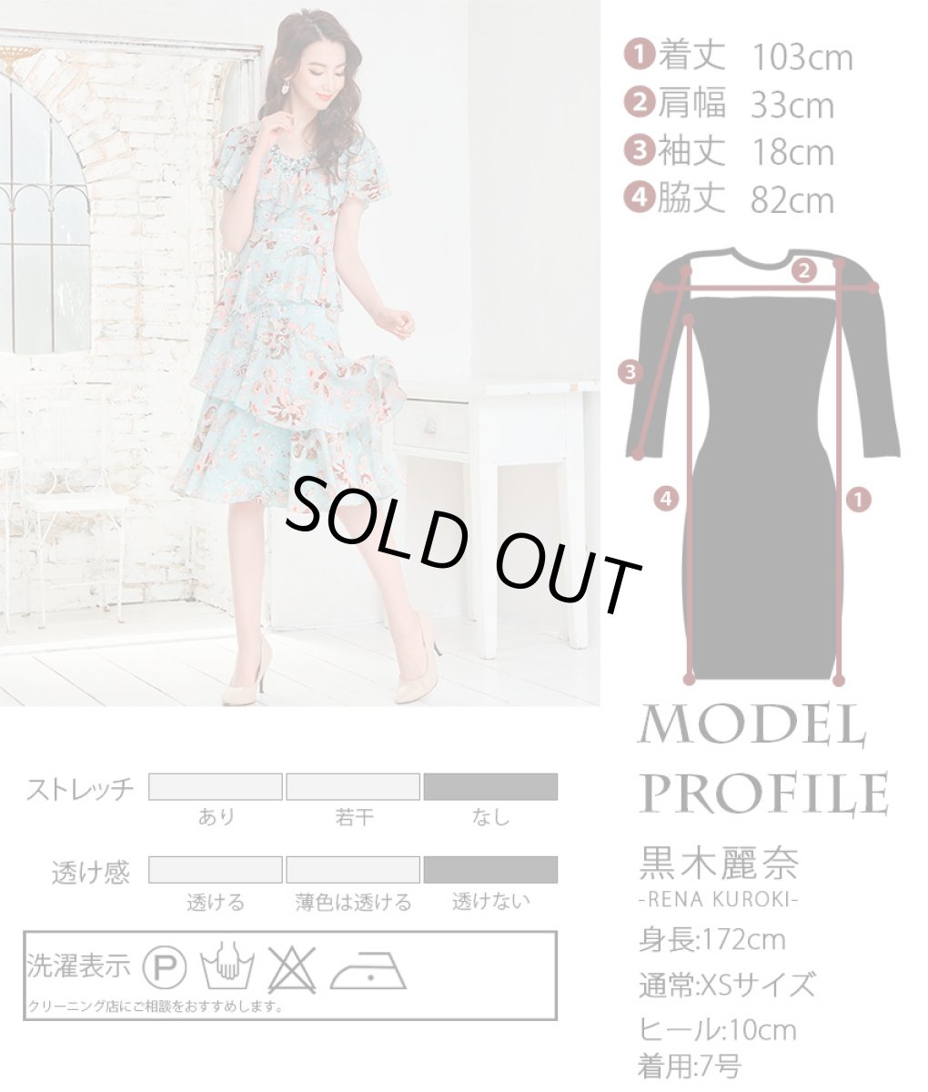 画像5: [ERUKEI]ライトブルーグリーン・花柄・シフォン・ティアードフリル・半袖・Aライン・膝丈・ミディアムドレス・ワンピース[黒木麗奈着用]《送料＆代引き手数料無料》 (5)