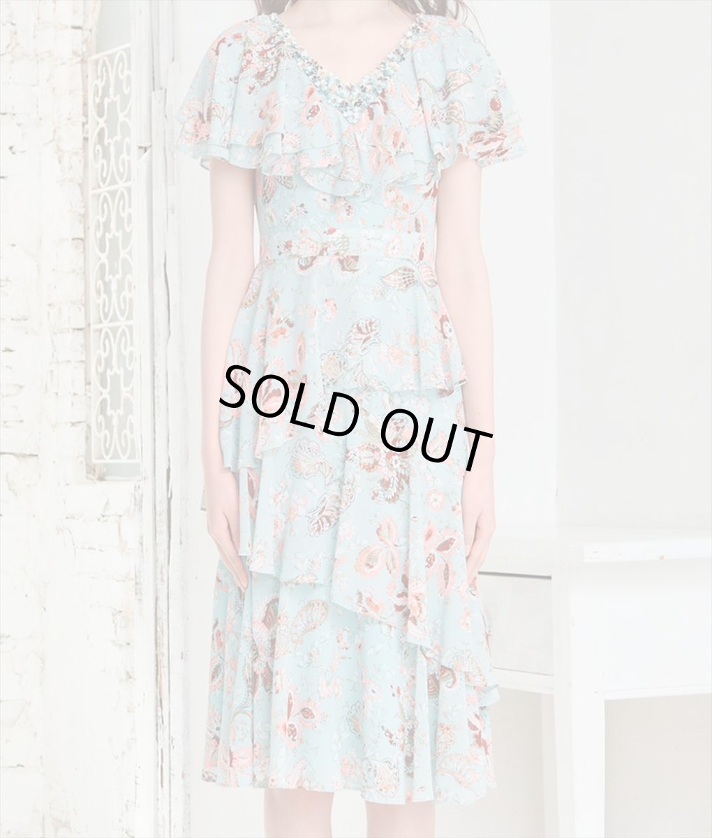 画像6: [ERUKEI]ライトブルーグリーン・花柄・シフォン・ティアードフリル・半袖・Aライン・膝丈・ミディアムドレス・ワンピース[黒木麗奈着用]《送料＆代引き手数料無料》 (6)