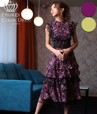 美品✨ブルマリン♡花柄ティアードワンピース フリル　フレア　Aライン　M 交換無料 | エルケイ ミディアムドレス ブルー花柄 ノースリーブ