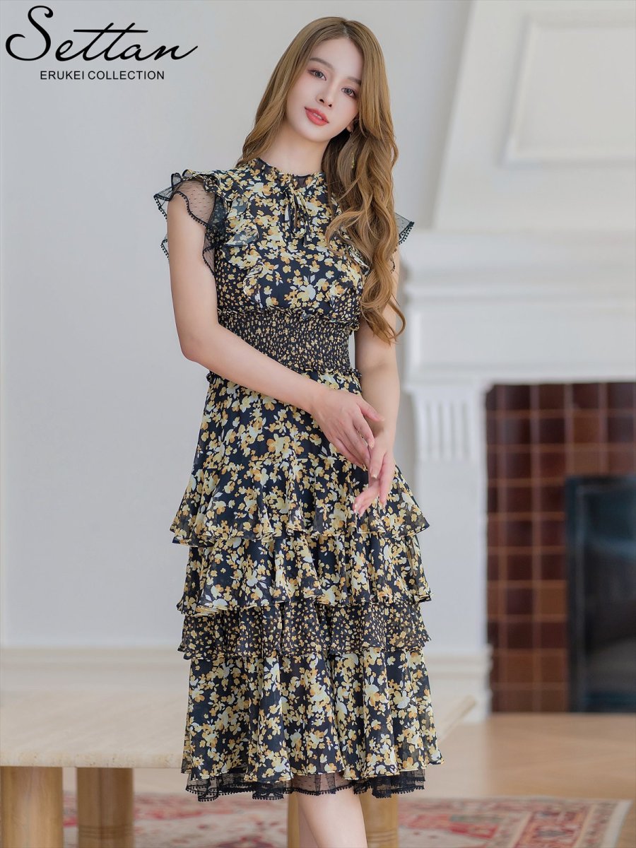 画像2: [ERUKEI]ブラック×ピンク花柄・ティアードフリル・Aライン・レースポイント・ミディアムドレス・ワンピース[山崎みどり着用]《送料＆代引き手数料無料》mypl (2)