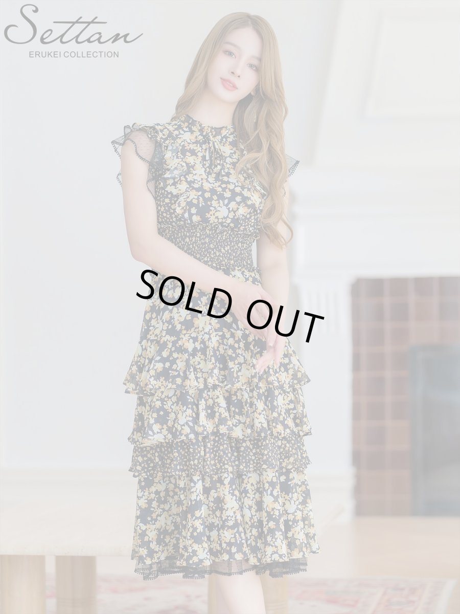 画像2: [ERUKEI]ブラック×ピンク花柄・ティアードフリル・Aライン・レースポイント・ミディアムドレス・ワンピース[山崎みどり着用]《送料＆代引き手数料無料》mypl (2)