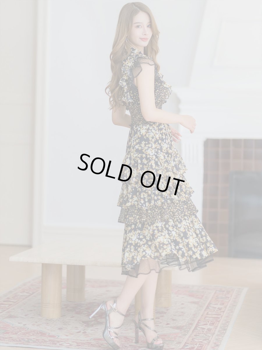 画像3: [ERUKEI]ブラック×ピンク花柄・ティアードフリル・Aライン・レースポイント・ミディアムドレス・ワンピース[山崎みどり着用]《送料＆代引き手数料無料》mypl (3)