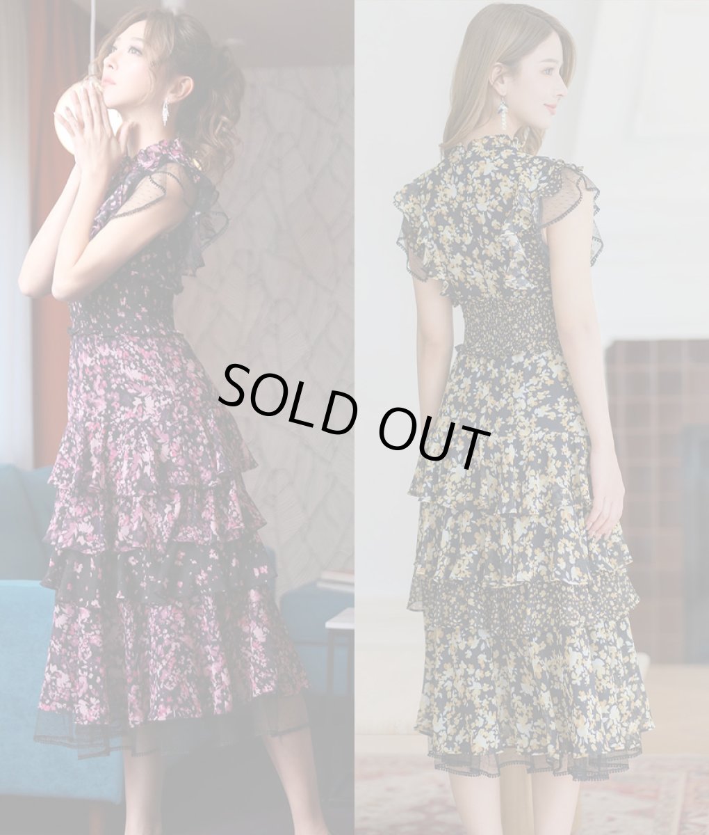 画像5: [ERUKEI]ブラック×ピンク花柄・ティアードフリル・Aライン・レースポイント・ミディアムドレス・ワンピース[山崎みどり着用]《送料＆代引き手数料無料》mypl (5)