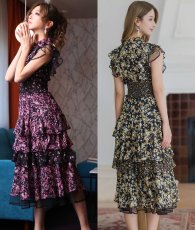 画像5: [ERUKEI]ブラック×ピンク花柄・ティアードフリル・Aライン・レースポイント・ミディアムドレス・ワンピース[山崎みどり着用]《送料＆代引き手数料無料》mypl (5)