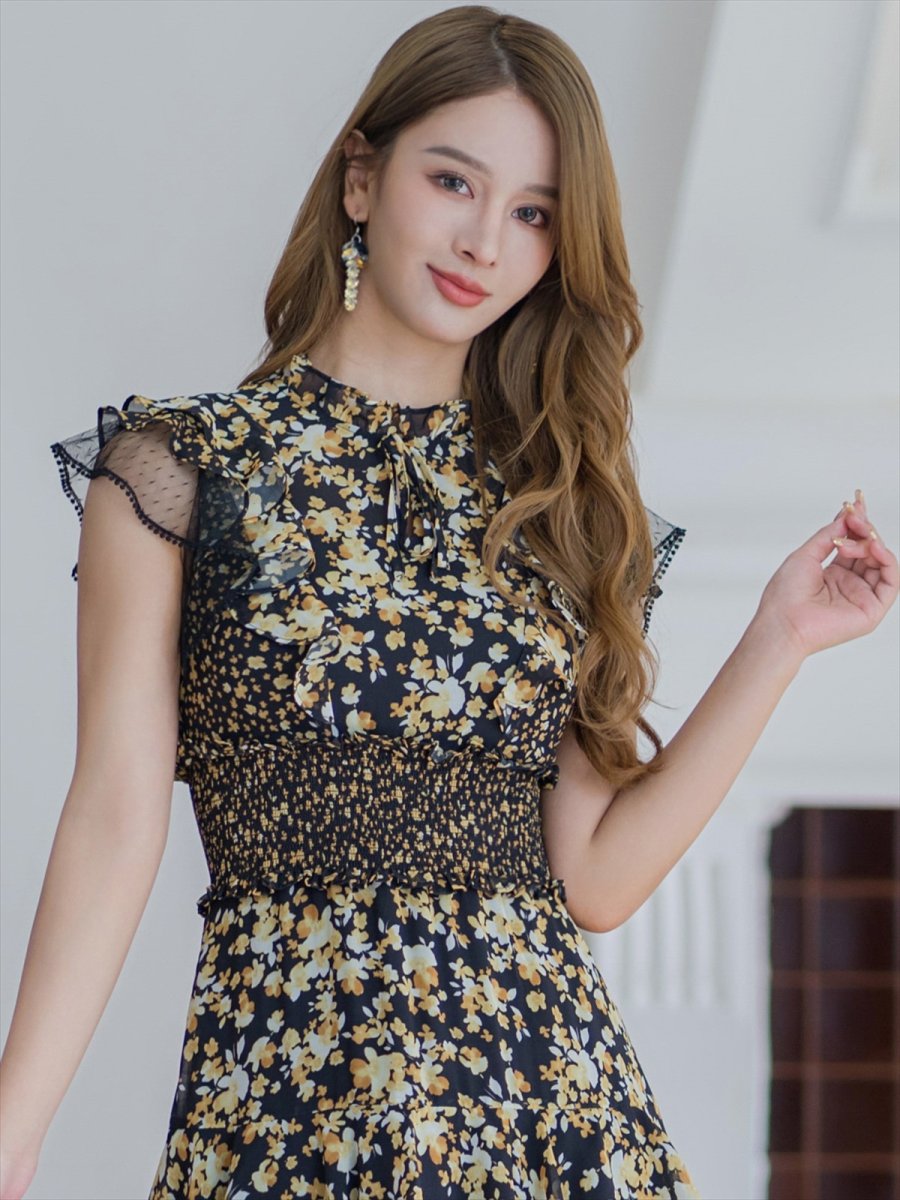 画像6: [ERUKEI]ブラック×ピンク花柄・ティアードフリル・Aライン・レースポイント・ミディアムドレス・ワンピース[山崎みどり着用]《送料＆代引き手数料無料》mypl (6)