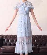 画像14: [ERUKEI Settan]総レース・プチハイネック・プチリボン・シースルー・タイト・半袖・マーメイドミディアムドレス・マキシワンピース[山崎みどり・黒木麗奈・関あいか着用]《送料＆代引き手数料無料》mywhnv (14)