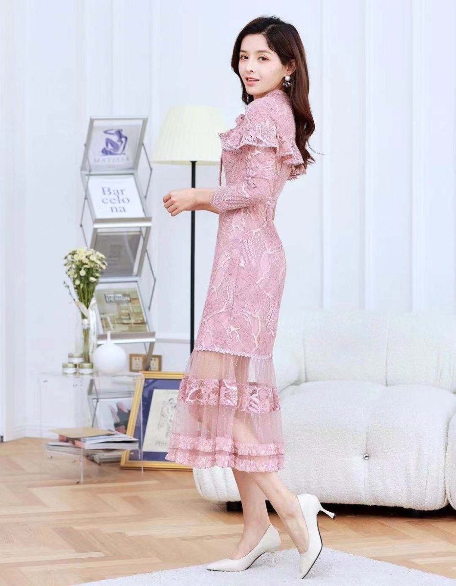 画像2: [ERUKEI/SETTAN]ピンク・レース・胸元リボン・長袖・マーメイド・ミディアムドレス・ワンピース[送料無料] (2)