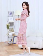 画像2: [ERUKEI/SETTAN]ピンク・レース・胸元リボン・長袖・マーメイド・ミディアムドレス・ワンピース[送料無料] (2)