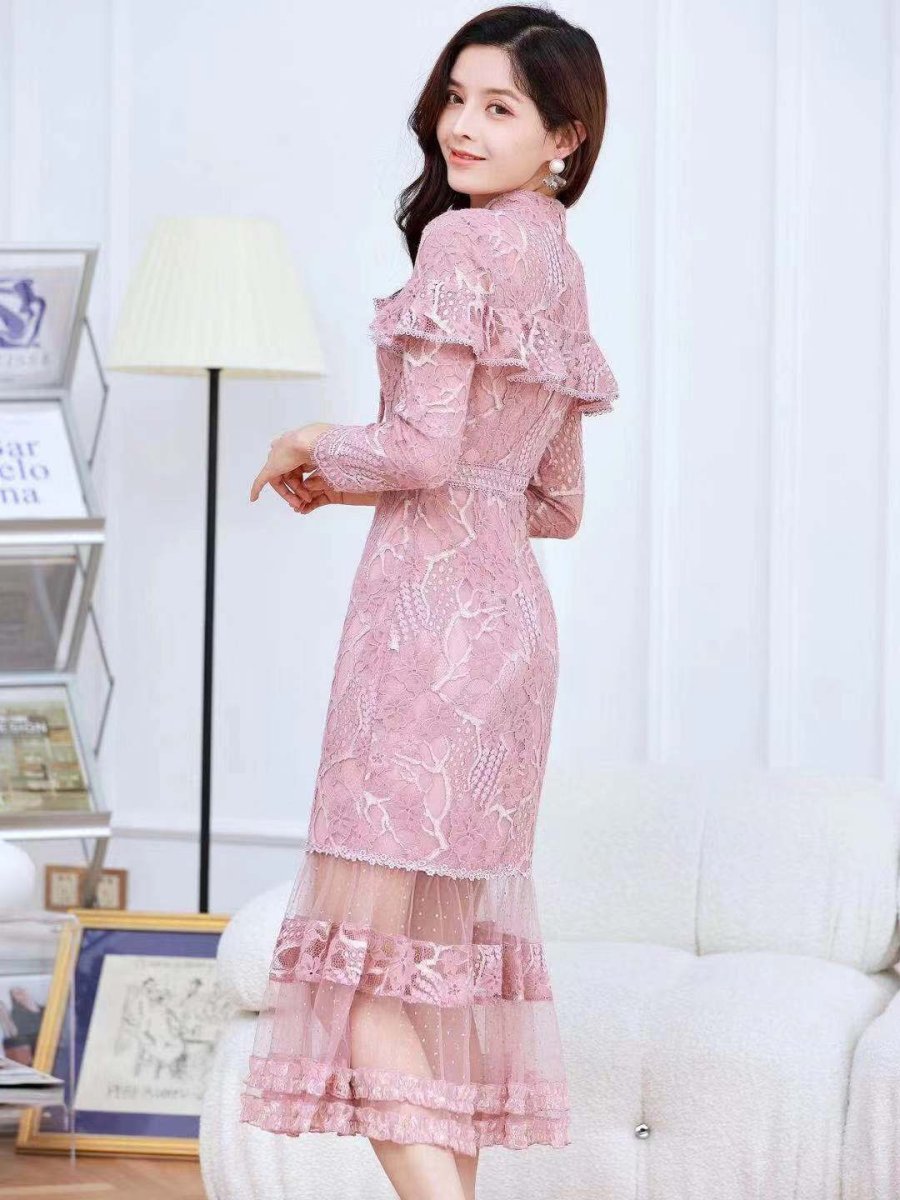 画像3: [ERUKEI/SETTAN]ピンク・レース・胸元リボン・長袖・マーメイド・ミディアムドレス・ワンピース[送料無料] (3)