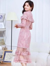 画像3: [ERUKEI/SETTAN]ピンク・レース・胸元リボン・長袖・マーメイド・ミディアムドレス・ワンピース[送料無料] (3)