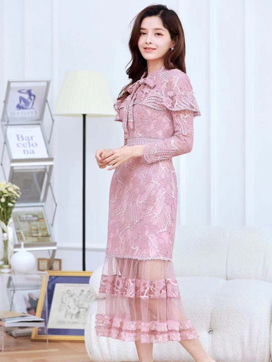 画像4: [ERUKEI/SETTAN]ピンク・レース・胸元リボン・長袖・マーメイド・ミディアムドレス・ワンピース[送料無料] (4)