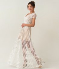 画像2: [ERUKEI SETTAN]ホワイト・総レース・Aライン・上品・Vネック・半袖・花・ロングドレス[山崎みどり着用][送料無料]mywh (2)