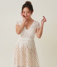 画像4: [ERUKEI SETTAN]ホワイト・総レース・Aライン・上品・Vネック・半袖・花・ロングドレス[山崎みどり着用][送料無料]mywh (4)