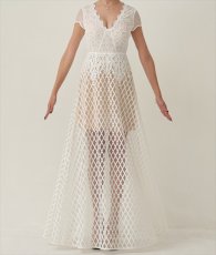 画像6: [ERUKEI SETTAN]ホワイト・総レース・Aライン・上品・Vネック・半袖・花・ロングドレス[山崎みどり着用][送料無料]mywh (6)