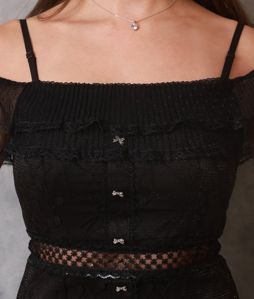 画像11: [ERUKEI Settan]総レース・リボンビジュー・オープンショルダー・ひざ下・Aライン・ミディアムドレス・ワンピース[黒木麗奈・山崎みどり着用]《送料＆代引き手数料無料》mybk (11)