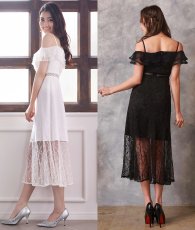画像5: [ERUKEI Settan]総レース・リボンビジュー・オープンショルダー・ひざ下・Aライン・ミディアムドレス・ワンピース[黒木麗奈・山崎みどり着用]《送料＆代引き手数料無料》mybk (5)