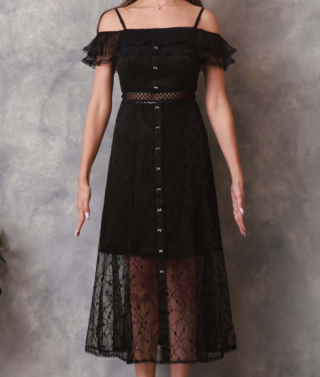 画像8: [ERUKEI Settan]総レース・リボンビジュー・オープンショルダー・ひざ下・Aライン・ミディアムドレス・ワンピース[黒木麗奈・山崎みどり着用]《送料＆代引き手数料無料》mybk (8)