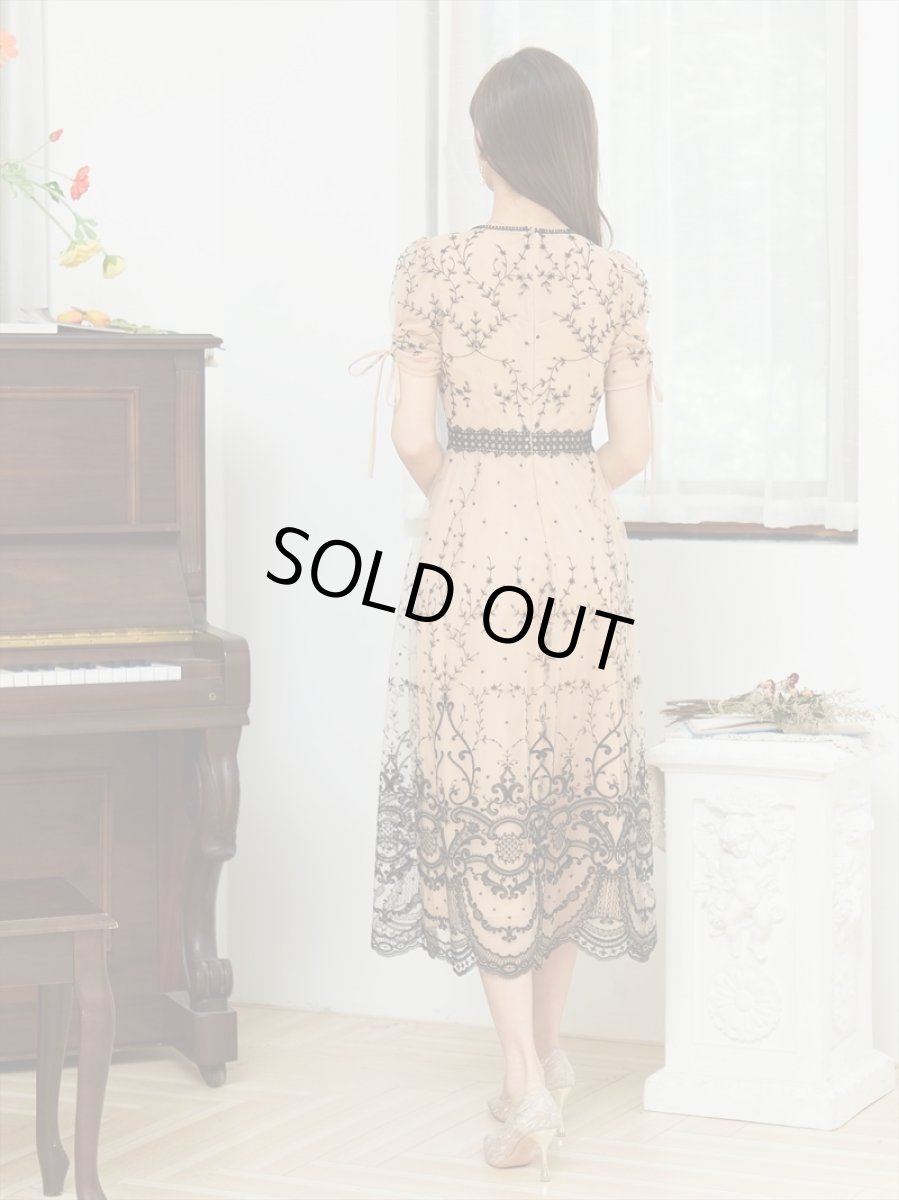 画像3: [ERUKEI/SETTAN]ベージュ×ブラック・刺繍・スリーブ・ミディアム丈・Aライン・ミディアムドレス・ワンピース[送料無料] (3)