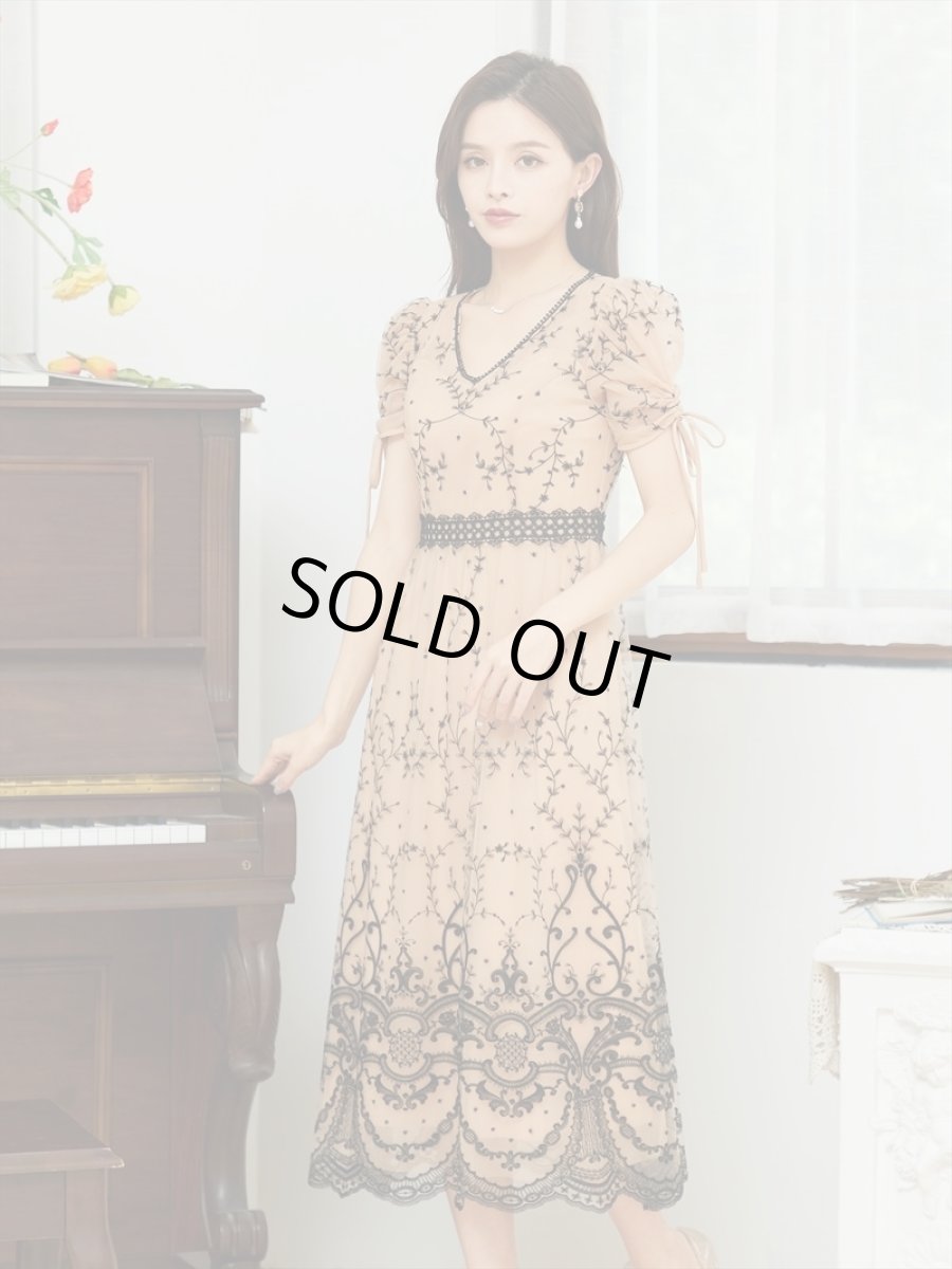 画像4: [ERUKEI/SETTAN]ベージュ×ブラック・刺繍・スリーブ・ミディアム丈・Aライン・ミディアムドレス・ワンピース[送料無料] (4)
