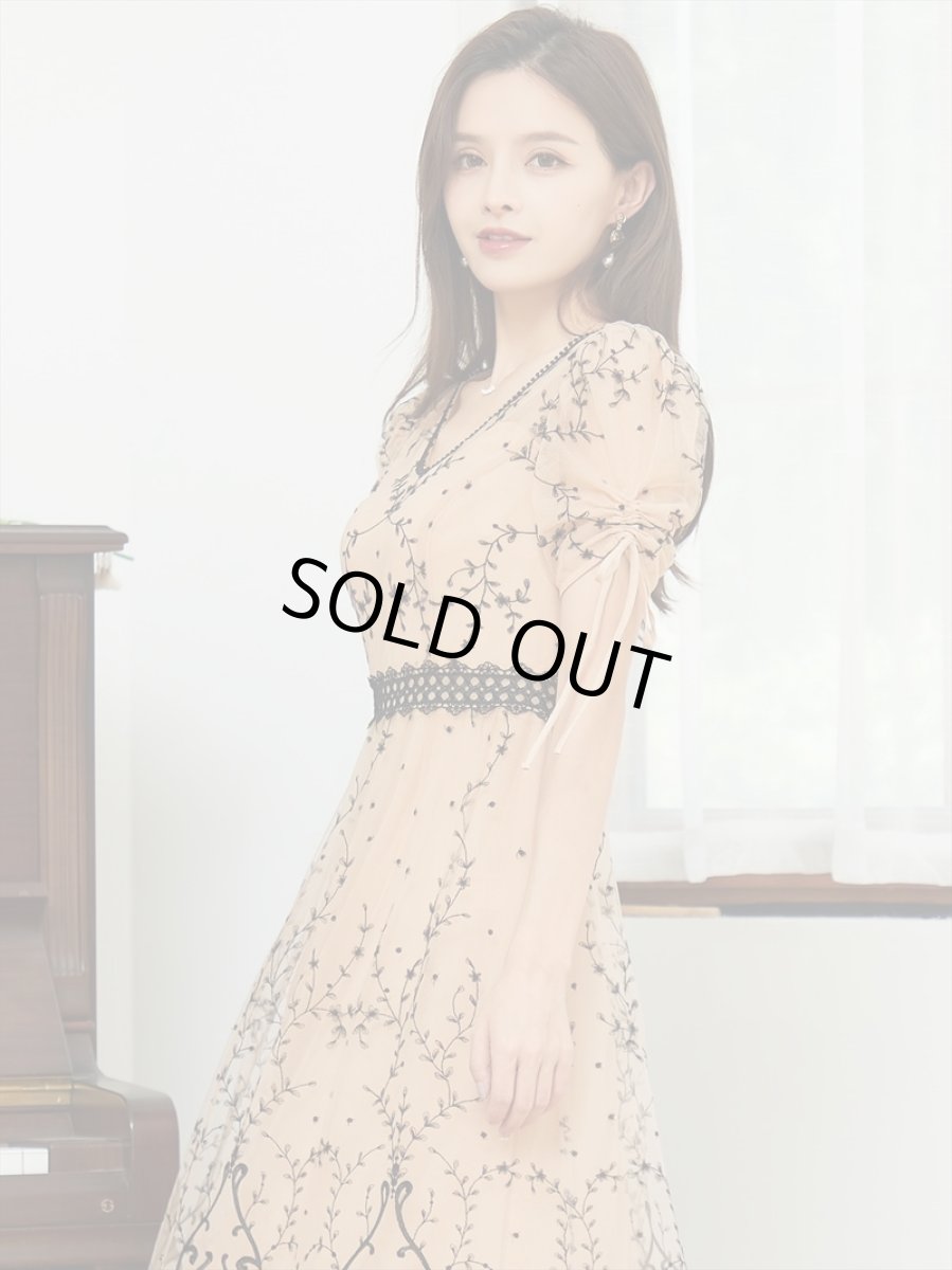 画像6: [ERUKEI/SETTAN]ベージュ×ブラック・刺繍・スリーブ・ミディアム丈・Aライン・ミディアムドレス・ワンピース[送料無料] (6)