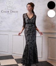 画像1: [ XS-Lサイズ / 2カラー][ERUKEI]総レース Vネック 七分袖 花柄 ブラック ホワイト マーメイド ロングドレス ワンピース[送料無料][山崎みどり着用]mybk (1)