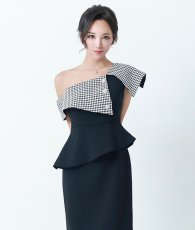 画像4: [ERUKEI]ブラック・千鳥格子・柄・ワンショルダー・オフショルダー・モノトーン・タイト・ミ二ドレス・ワンピース[送料無料]mybk (4)