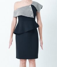 画像6: [ERUKEI]ブラック・千鳥格子・柄・ワンショルダー・オフショルダー・モノトーン・タイト・ミ二ドレス・ワンピース[送料無料]mybk (6)