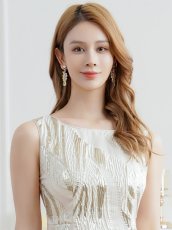 画像10: [ XS-Lサイズ / 3カラー][ERUKEI]金糸・プリント・オーガンジー・ボートネック・ノースリーブ・フレア・ロングドレス[薗田杏奈着用][送料無料] (10)