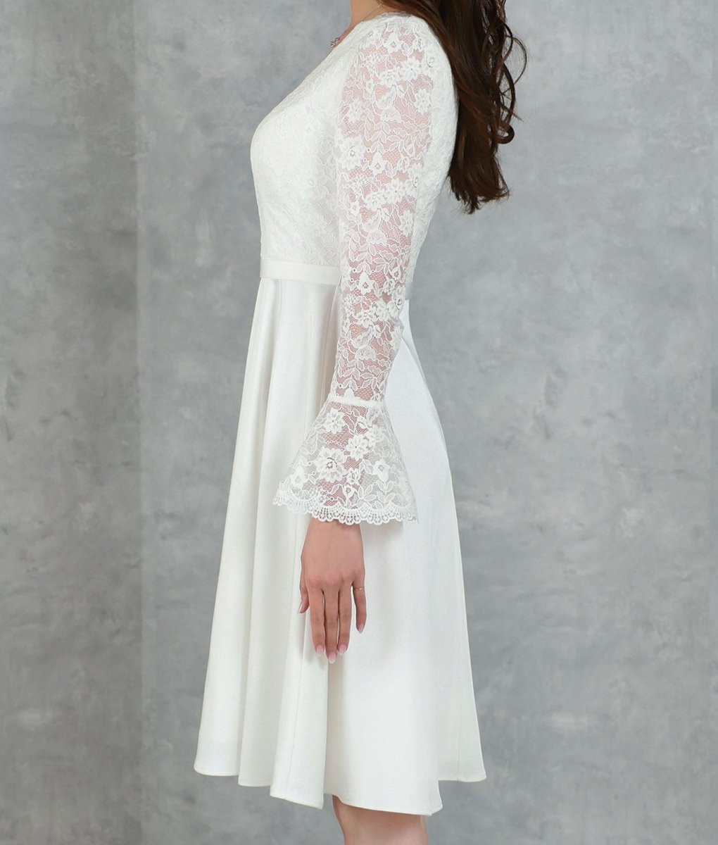 画像10: [ XS-Lサイズ / 2カラー][ERUKEI]ワンカラー・レース・サテン・Vネック・長袖・ベルスリーブ・ミディアムドレス・ワンピース[薗田杏奈着用][送料無料] (10)