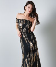 画像4: [ERUKEI]オフショルダー・ワンショルダー・ブラック×ゴールド・セクシー・エレガント・Aライン・ロングドレス[奈月セナ着用][送料無料] (4)