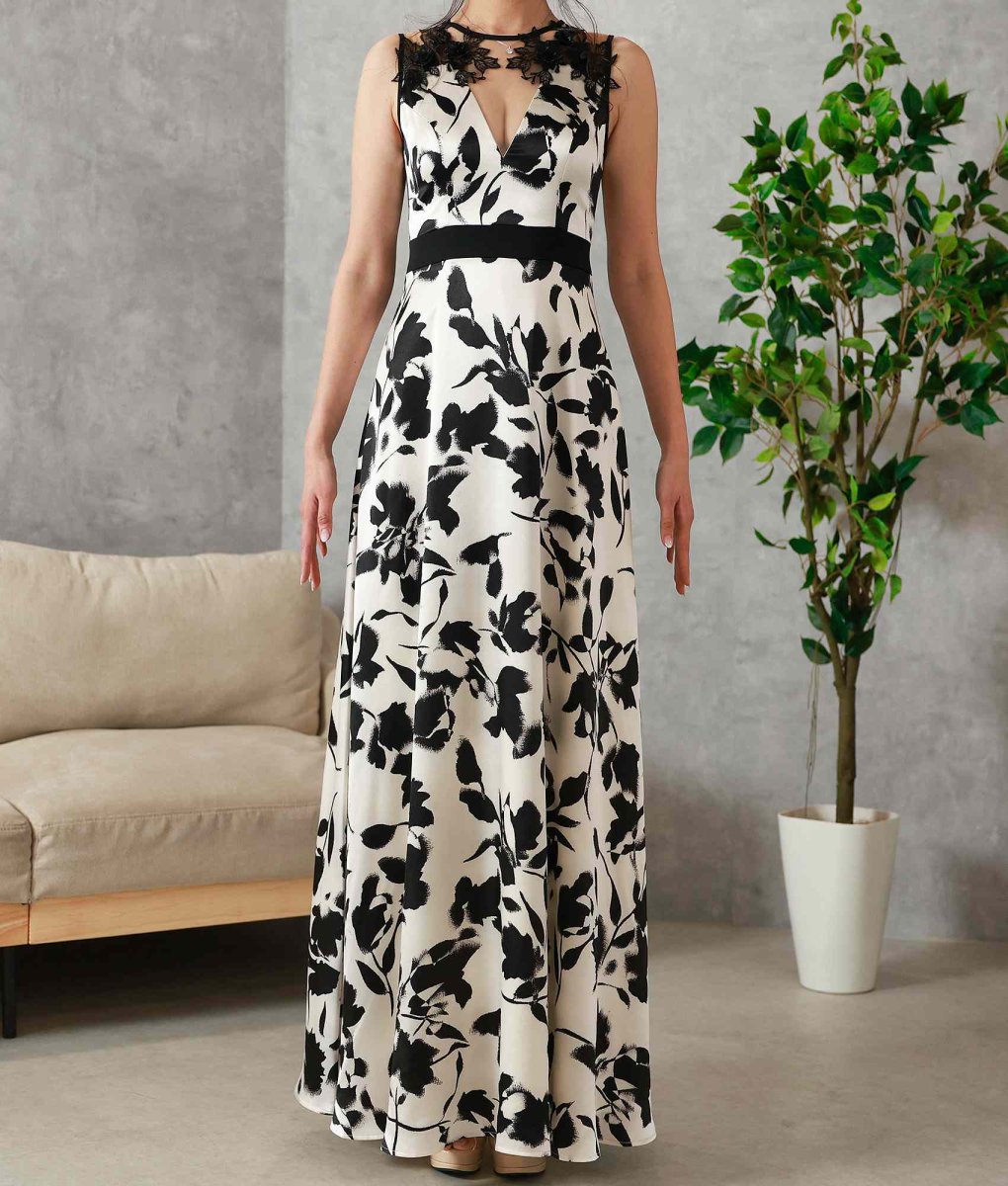 画像7: [ XS-Lサイズ / 1カラー][ERUKEI]モノトーン・リーフ柄・花柄・レースネック・Aライン・ノースリーブ・ロングドレス・ワンピース[薗田杏奈着用][送料無料] (7)