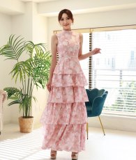 画像5: [ XS-Lサイズ / 1カラー][ERUKEI]ピンク・ブルー・ティアード・ハイネック・花柄・パール・Aライン・ノースリーブ・ロングドレス[薗田杏奈・黒木麗奈着用][送料無料] (5)