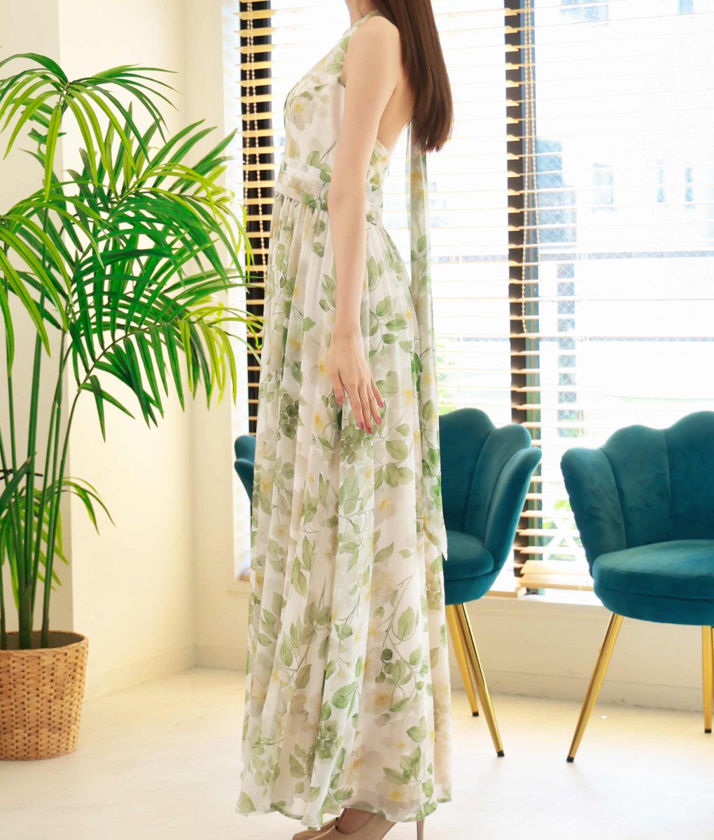 画像7: [ XS-Lサイズ / 1カラー][ERUKEI]花柄・ホルターネック・シフォン・ウエストマーク・ノースリーブ・Aライン・ロングドレス[黒木麗奈着用][送料無料] (7)