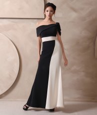 画像3: [ XS-Lサイズ / 1カラー][ERUKEI]オフショルダー・アシンメトリー・バイカラー・切替・マーメイドライン・ロングドレス・ワンピース[山崎みどり着用][送料無料] mybkiv (3)
