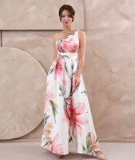 画像2: [ XS-Lサイズ / 1カラー][ERUKEI]ホワイトピンク・花柄・ワンショルダー・エレガント・Aライン・ノースリーブ・ロングドレス[奈月セナ着用][送料無料] (2)