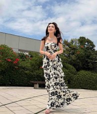 画像7: [ XS-Lサイズ / 1カラー][ERUKEI]モノトーン・花柄・ベア・ティアード・ベア・ハイウエスト・ロングドレス・ワンピース[薗田杏奈着用][送料無料] (7)