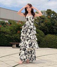 画像8: [ XS-Lサイズ / 1カラー][ERUKEI]モノトーン・花柄・ベア・ティアード・ベア・ハイウエスト・ロングドレス・ワンピース[薗田杏奈着用][送料無料] (8)