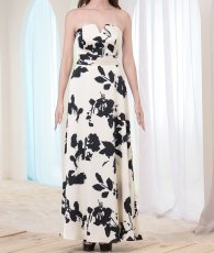 画像10: [ XS-Lサイズ / 1カラー][ERUKEI]モノトーン・花柄・プリント・ベア・胸元Vカット・ハイウエスト・スピンドル・フレア・Aライン・ロングドレス[山崎みどり着用][送料無料] myivbk (10)