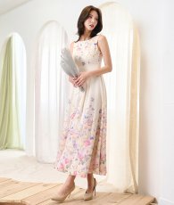 画像3: [ XS-Lサイズ / 1カラー][ERUKEI]フラワープリント・ボートネック・ノースリーブ・ウエストタック・花柄・フレア・Aライン・ミディアムドレス[奈月セナ着用][送料無料] (3)