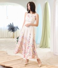 画像5: [ XS-Lサイズ / 1カラー][ERUKEI]フラワープリント・ボートネック・ノースリーブ・ウエストタック・花柄・フレア・Aライン・ミディアムドレス[奈月セナ着用][送料無料] (5)