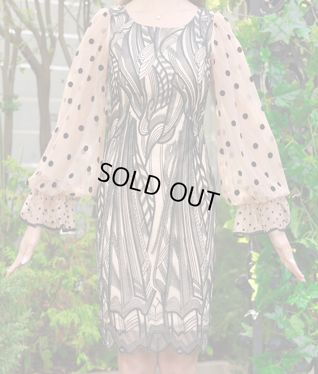 画像6: [ERUKEI]ブラック×ベージュ・ドット・レース・シースルー・ロングスリーブ・タイト・ミニドレス・ワンピース[山崎みどり着用]《送料＆代引き手数料無料》 (6)